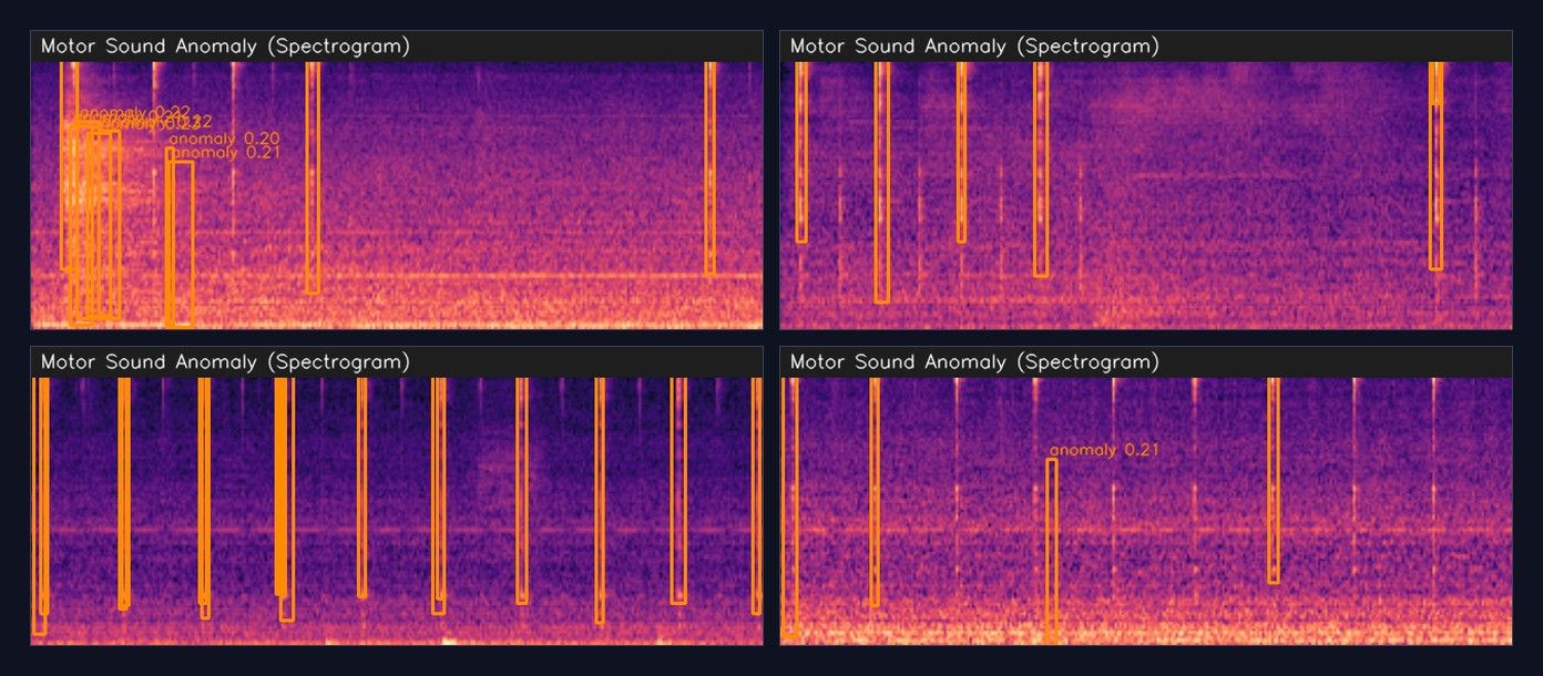 モーター音のlog-melスペクトログラム4枚。周波数-時間平面上で異常区間が矩形でハイライトされている