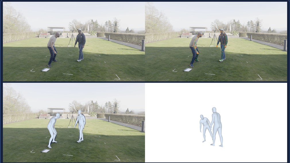 入力映像・2D姿勢・シーンに重ねた3Dメッシュ・白背景の3Dメッシュの4面表示