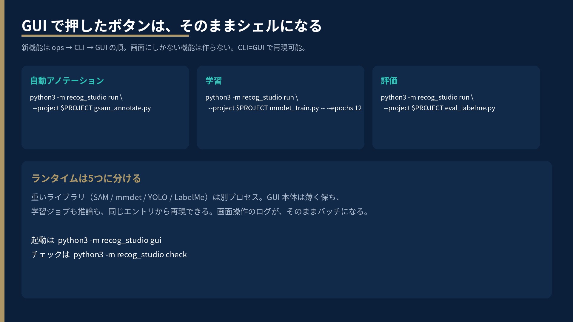 自動アノテーション・学習・評価のCLI例と、python3 -m recog_studio gui / check の起動